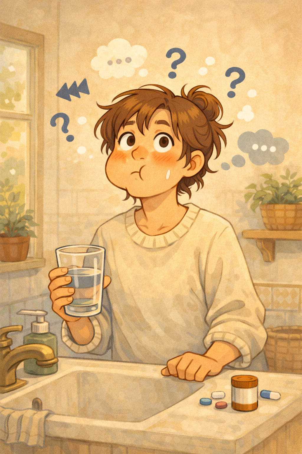 A whimsical, cottage-core cartoon of a person standing at a bathroom sink, holding a glass of water with puffed cheeks as if mid-pill. Their eyes look upward in mild panic while small question marks and thought bubbles float around their head. Warm sunlight, soft colors, houseplants, and an amber pill bottle create a cozy morning scene that contrasts with the character’s quiet internal chaos.